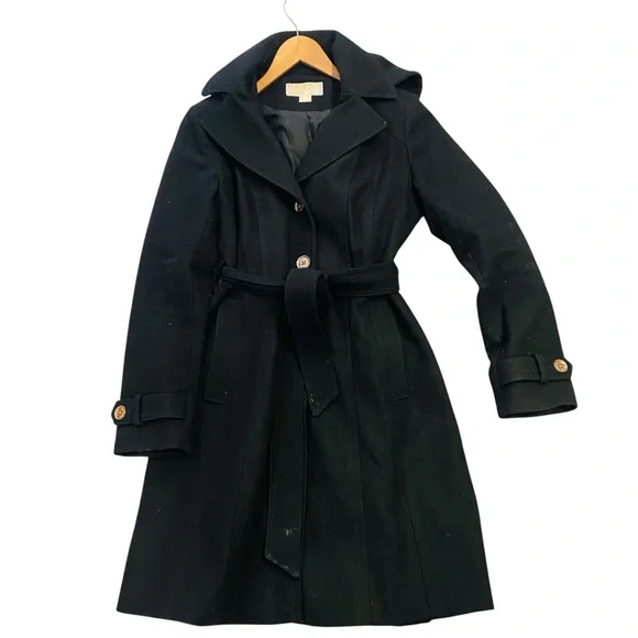 MICHAEL Michael Kors Hooded Wool Blend Peacoat Coat Sz Small Black - Picture 2 of 10